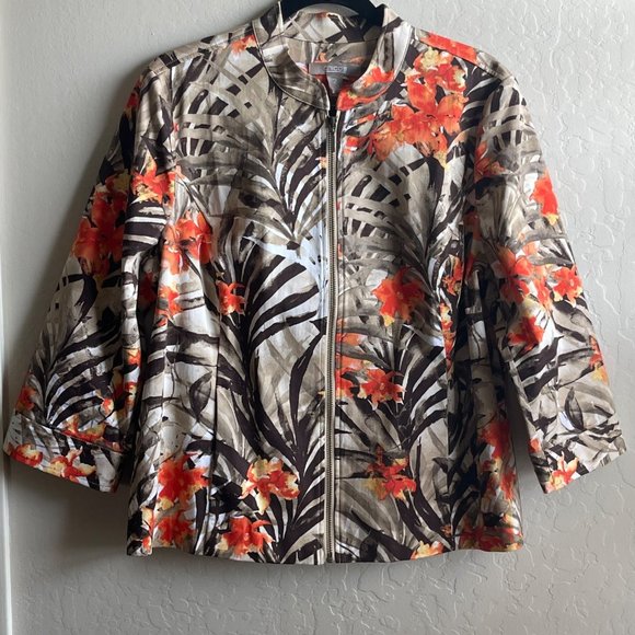 Chico's Size 2 Floral Full Zip Coat Orange Brown Jacket Size Med/12 Pockets - Picture 2 of 6